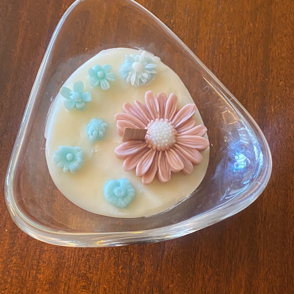 MCM Danish, crystal, triangular bowl with Soy Clean candle. Summer nights scent